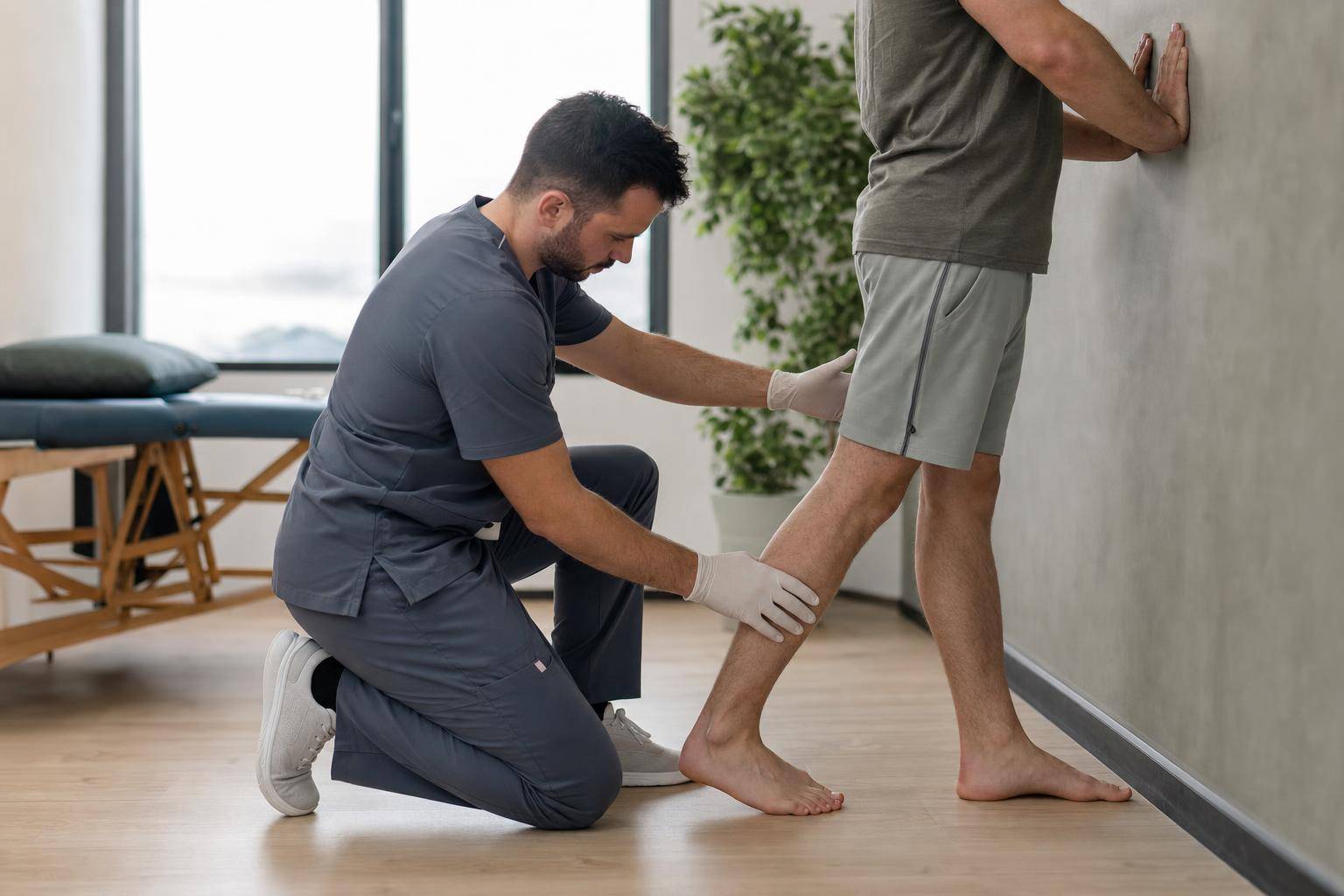 Physiotherapist guiding a patient through a calf and plantar fascia stretch