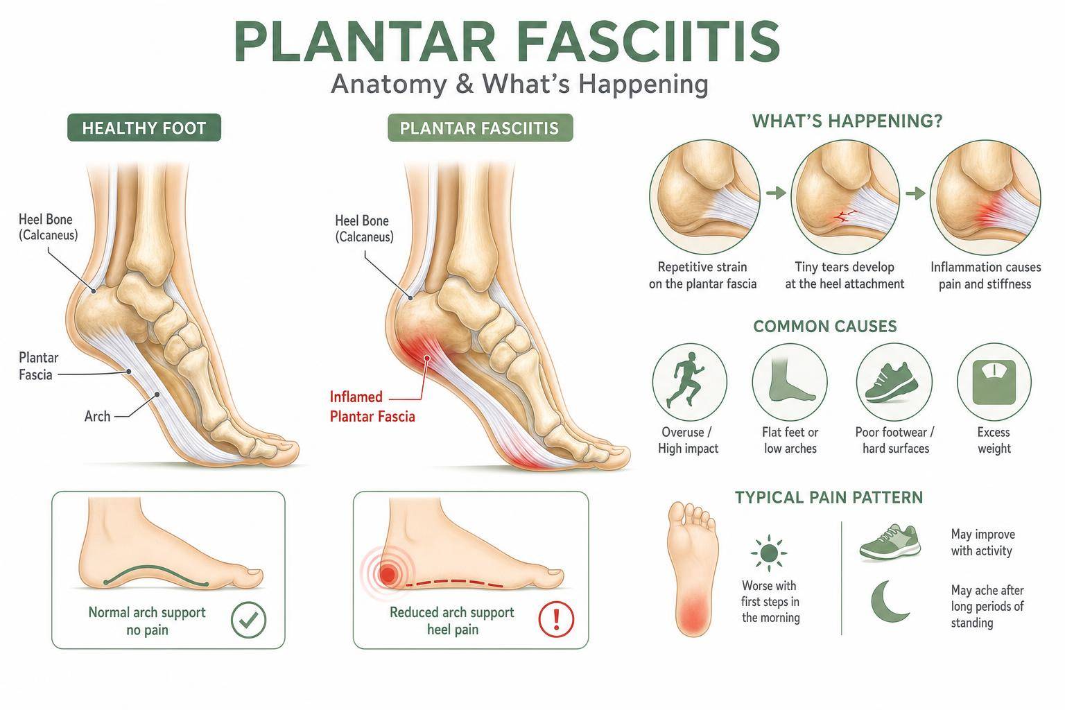 Labeled medical diagram explaining the anatomy of plantar fasciitis