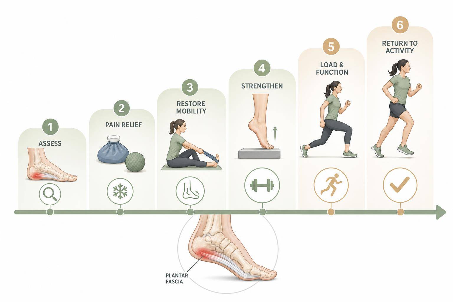 Infographic of the physiotherapy treatment and recovery journey for plantar fasciitis